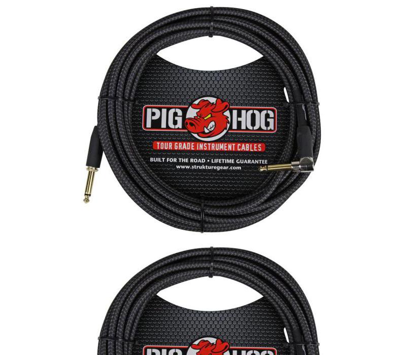 Pig Hog PCH20BKR Black Woven ¼” TO ¼” Right Angle Instrument Cable, 20ft