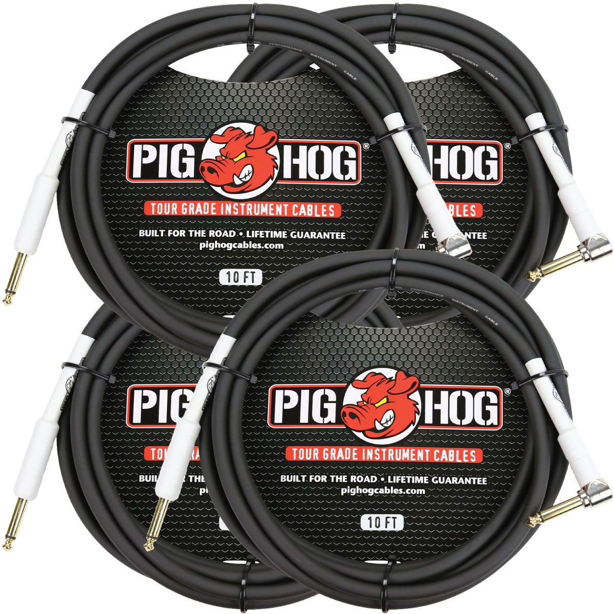 4 Pack Pig Hog PH10R Tour Grade 1/4" TS Straight to Right Angle Instrument Cable - 10'