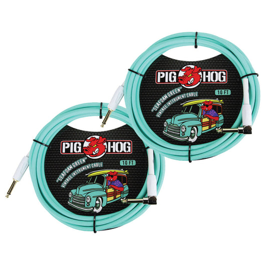 2 Pack Pig Hog PCH10SGR 1/4" Straight 1/4" Right-Angle Seafoam Green Instrument Cable - NEW