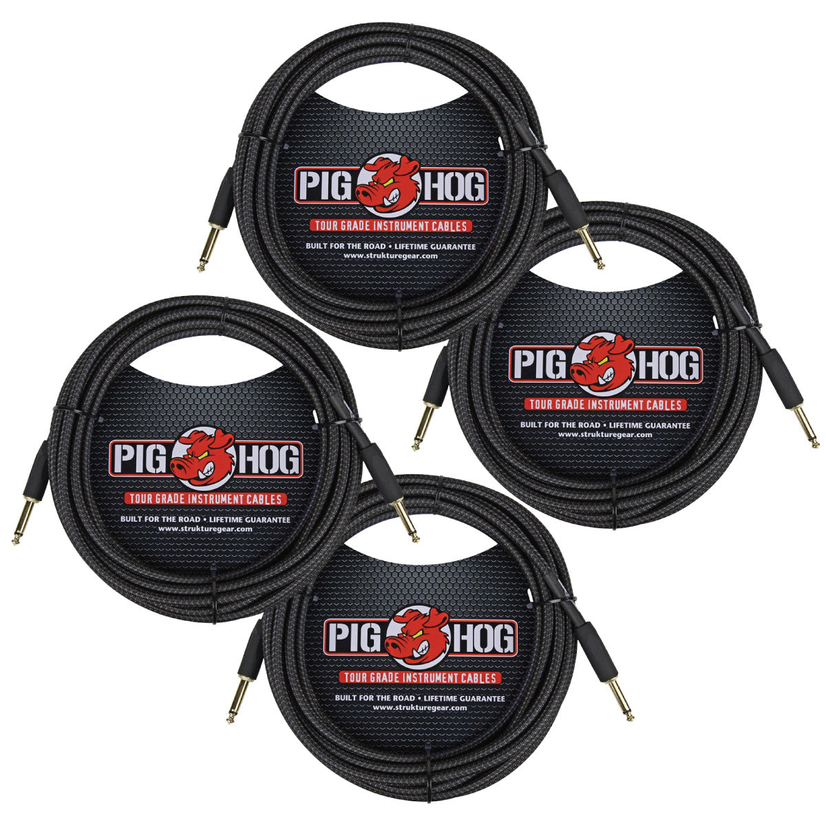 4 Pack Pig Hog PCH20BK Woven Black Vintage Series Instrument Cable, 20 Ft - New