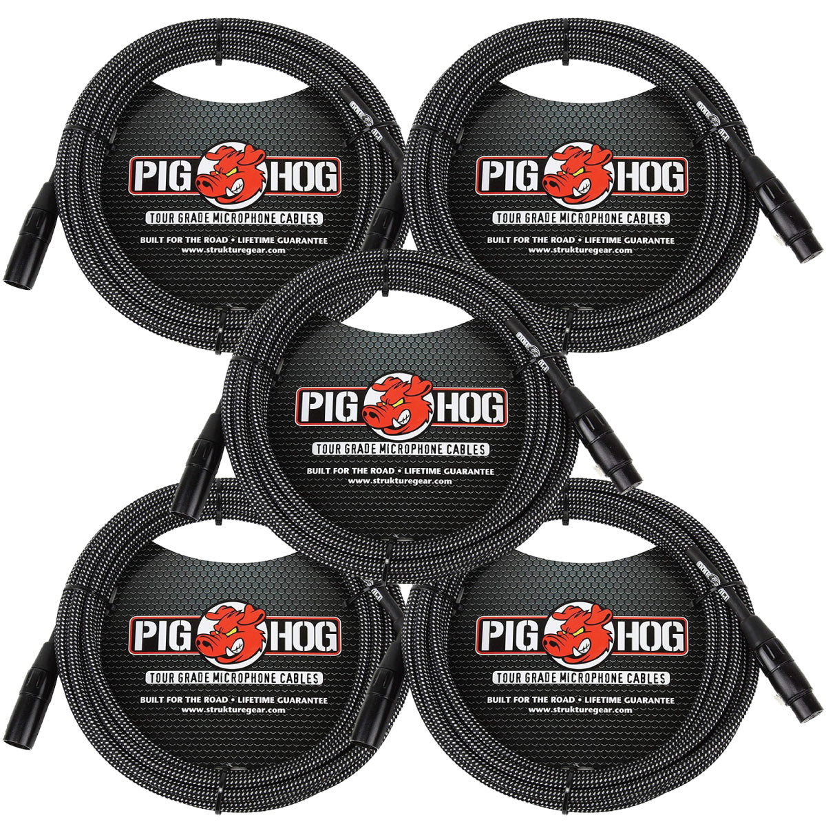 5 Pack Pig Hog PHM20BKW XLR High Performance Black & White Microphone Cable, 20 Ft NEW