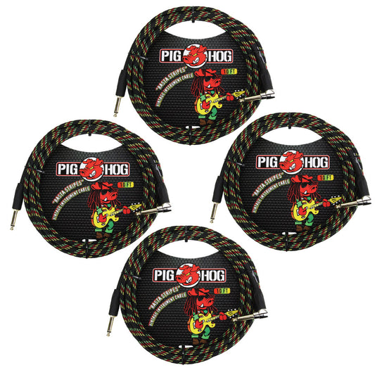 4 - Pack Pig Hog PCH10RAR 1/4" Straight to 1/4" Right-Angle Rasta Instrument Cable 10FT - NEW