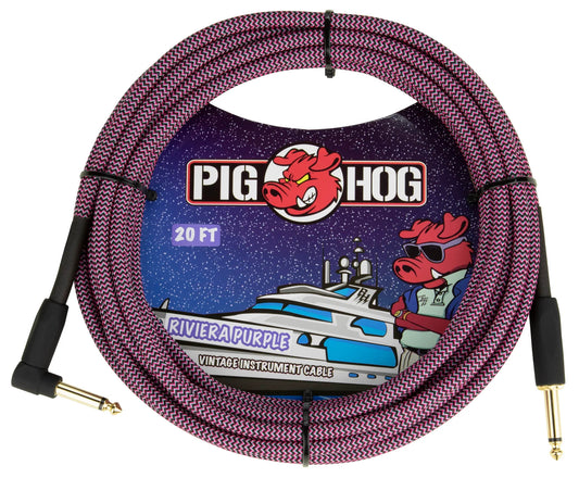 Pig Hog PCH20RPPR 20-Foot Riviera Purple Instrument Vintage Cable 1/4"-1/4" Right Angle Connectors -NEW