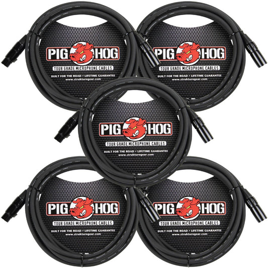 5 Pack Pig Hog PHM15 Tour Grade XLR Male to Female Mic Cable - 15'