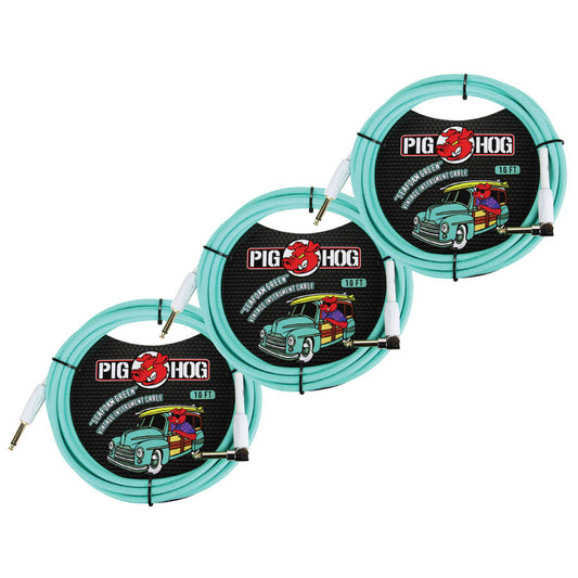 3 Pack Pig Hog PCH10SGR 1/4" Straight 1/4" Right-Angle Seafoam Green Instrument Cable - NEW