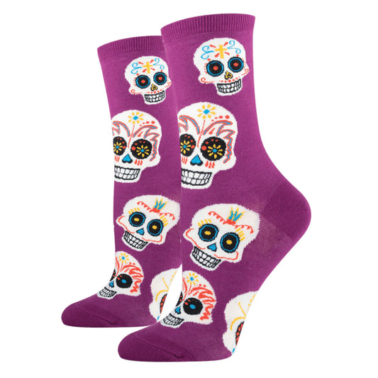 Socksmith Women's premium Crew Socks Day of the Dead Big Muertos Sugar Skull Pur - SSW1067-RYP