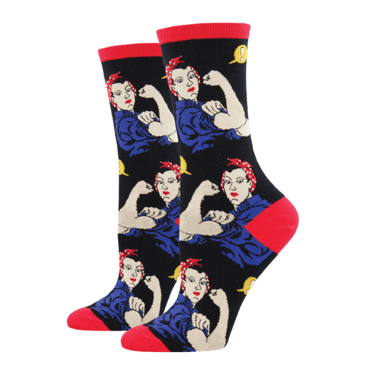 Women's Crew Socks Rosie the Riveter We Can Do It Black Cool Footwear Socksmith - SSW1290-BLK