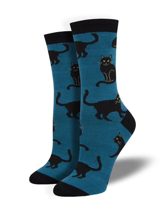 Socksmith Women's Bamboo Black Cat Crew Socks Kitty Novelty Footwear - WBN1913-BLU