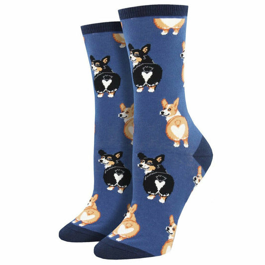 Socksmith Women's Puppy Dogs Animal Crew Socks Corgi Butt Blue Novelty Footwear - WNC1595-BLU