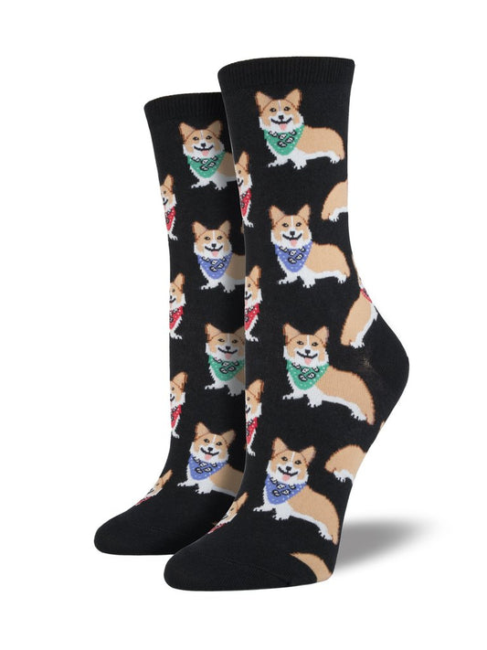 Socksmith Women's Crew Socks Corgi Puppy Dog Black Novelty Footwear - WNC387-BLK