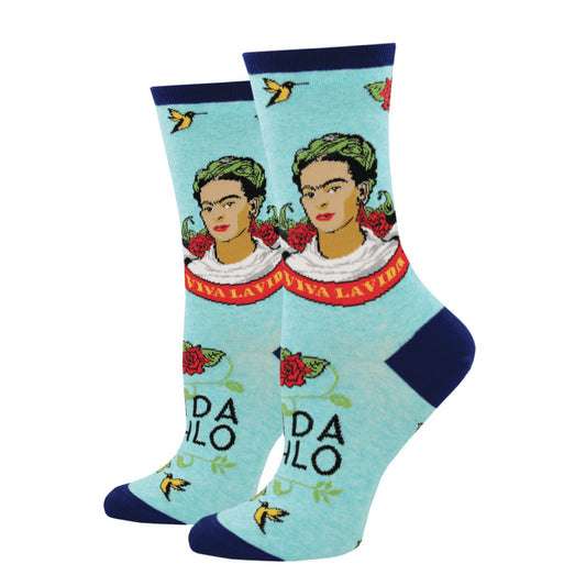 Women's Crew Socks Viva La Frida Kahlo Portrait Blue Novelty Footwear Socksmith - WNC967-SBH